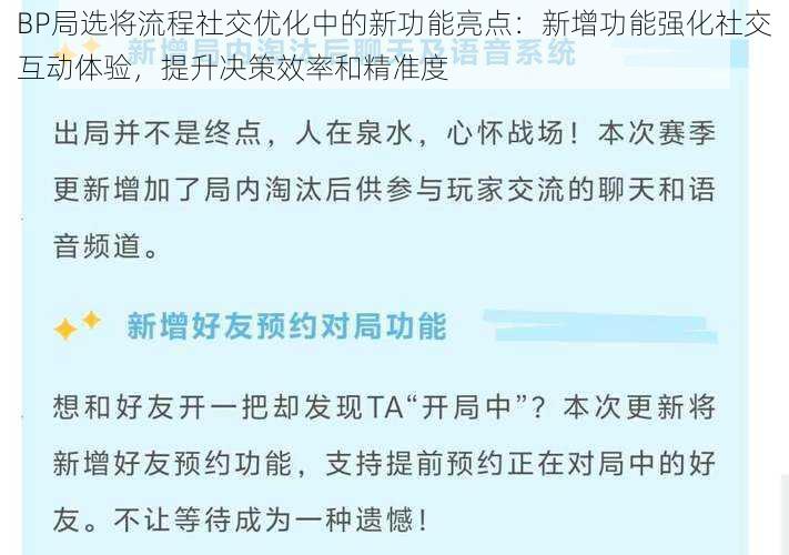 BP局选将流程社交优化中的新功能亮点：新增功能强化社交互动体验，提升决策效率和精准度