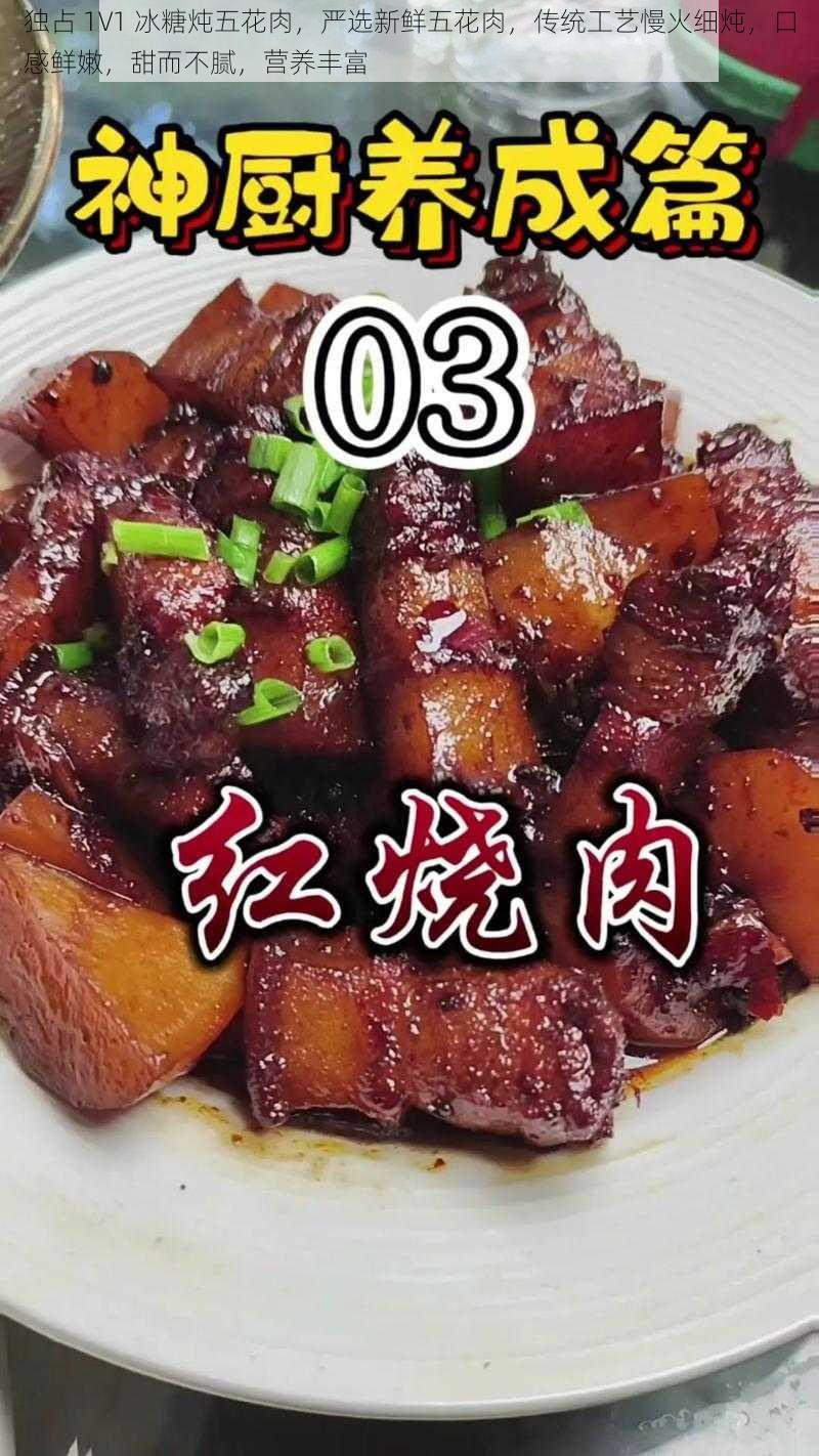 独占 1V1 冰糖炖五花肉，严选新鲜五花肉，传统工艺慢火细炖，口感鲜嫩，甜而不腻，营养丰富