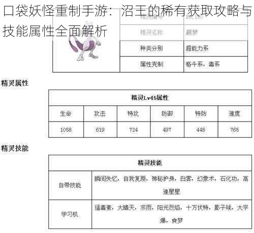 口袋妖怪重制手游：沼王的稀有获取攻略与技能属性全面解析