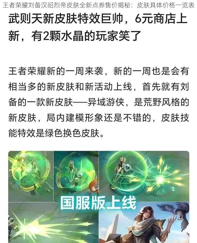 王者荣耀刘备汉昭烈帝皮肤全新点券售价揭秘：皮肤具体价格一览表