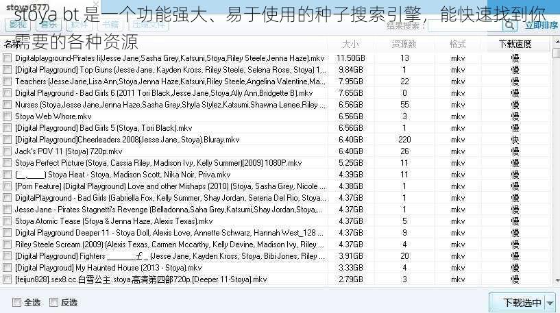 stoya bt 是一个功能强大、易于使用的种子搜索引擎，能快速找到你需要的各种资源