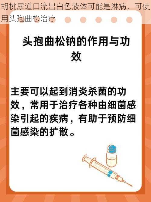 胡桃尿道口流出白色液体可能是淋病，可使用头孢曲松治疗