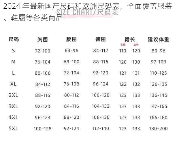 2024 年最新国产尺码和欧洲尺码表，全面覆盖服装、鞋履等各类商品