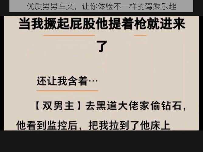 优质男男车文，让你体验不一样的驾乘乐趣