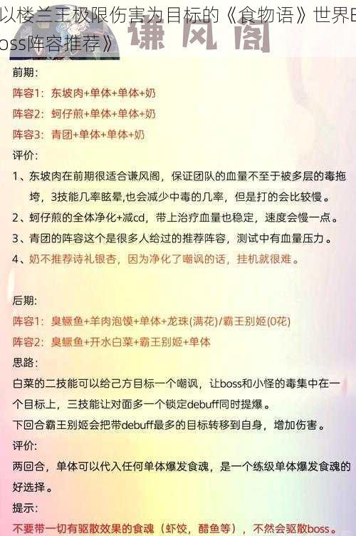 以楼兰王极限伤害为目标的《食物语》世界Boss阵容推荐》