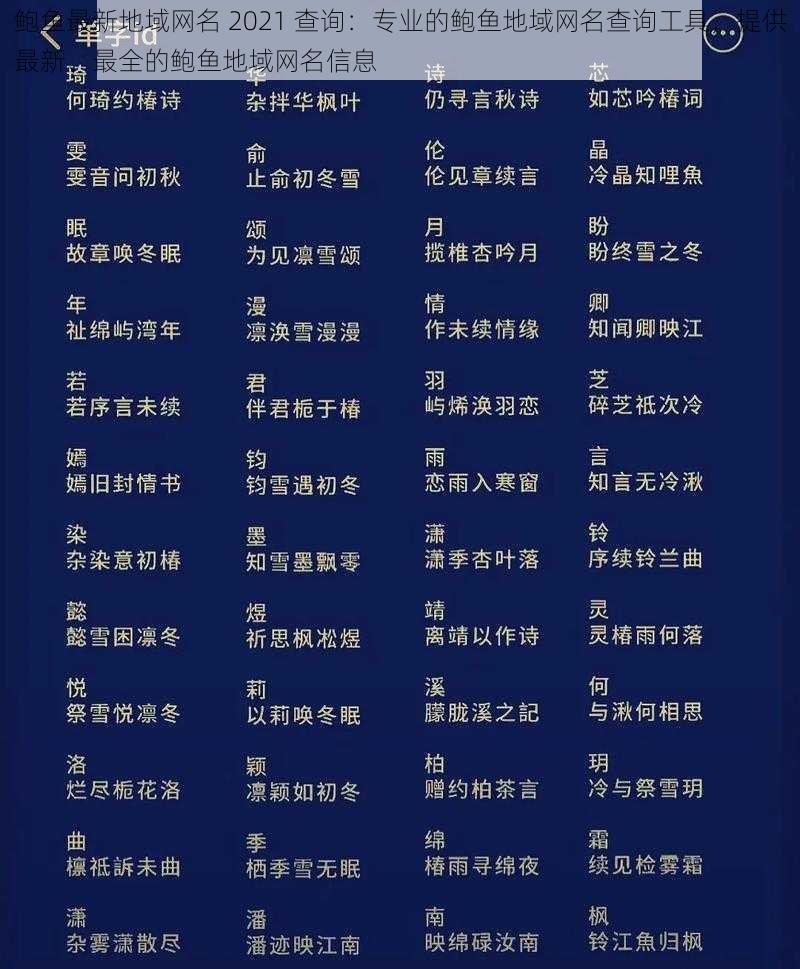 鲍鱼最新地域网名 2021 查询：专业的鲍鱼地域网名查询工具，提供最新、最全的鲍鱼地域网名信息