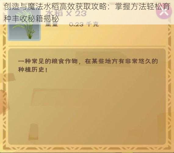 创造与魔法水稻高效获取攻略：掌握方法轻松育种丰收秘籍揭秘