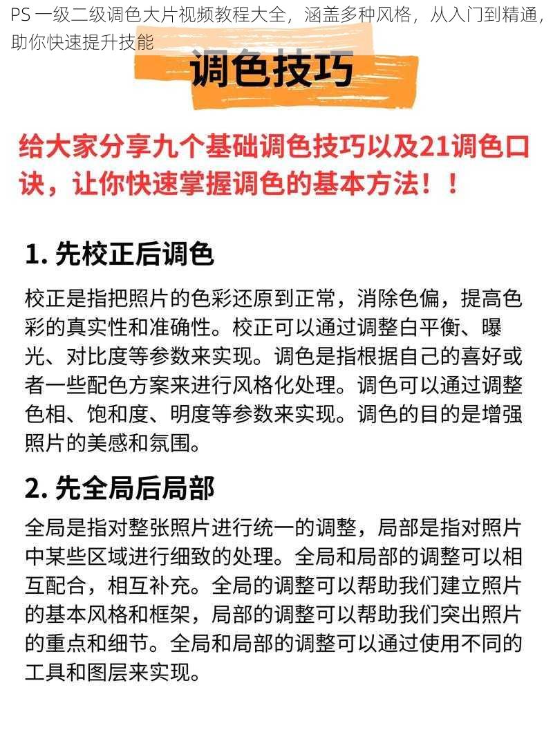 PS 一级二级调色大片视频教程大全，涵盖多种风格，从入门到精通，助你快速提升技能