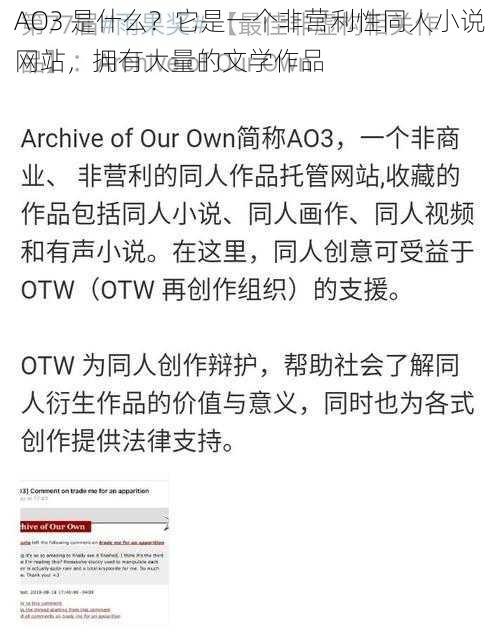 AO3 是什么？它是一个非营利性同人小说网站，拥有大量的文学作品