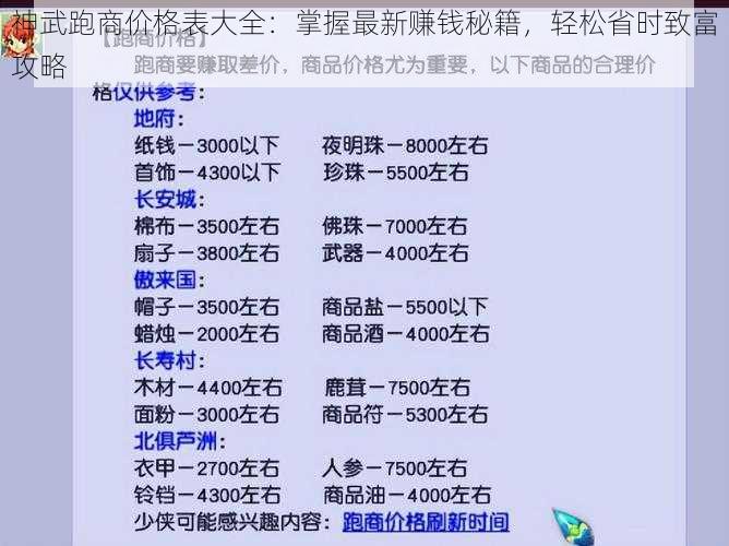 神武跑商价格表大全：掌握最新赚钱秘籍，轻松省时致富攻略