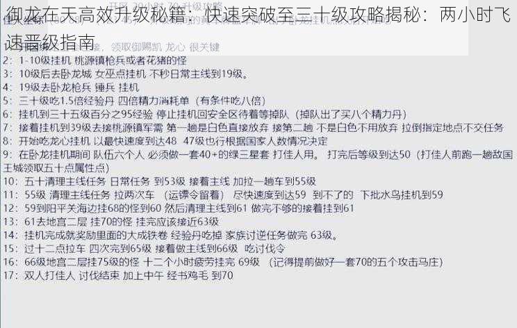 御龙在天高效升级秘籍：快速突破至三十级攻略揭秘：两小时飞速晋级指南