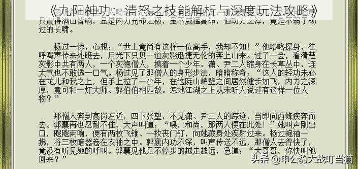 《九阳神功：清怒之技能解析与深度玩法攻略》