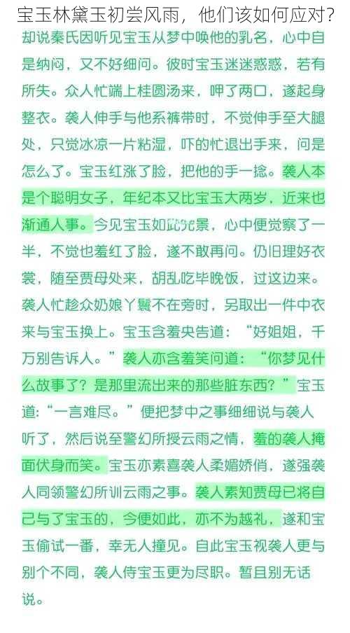 宝玉林黛玉初尝风雨，他们该如何应对？