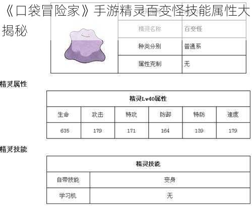 《口袋冒险家》手游精灵百变怪技能属性大揭秘